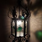 Antieke Smeedijzeren En Glas-In-Lood Lantaarn Hallamp, Frankrijk 1900 thumbnail 9