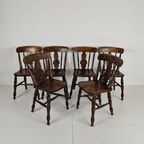Set Van 6 Engelse Antieke Boerderij Eetkamerstoelen - 19E-Eeuwse Bullseye-Rug thumbnail 5