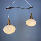 A Pair Of White Opal Frosted Glass Pendants Light With Wooden Details By Massive 1970 thumbnail 2