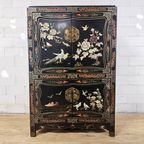 Vintage Chinese Lakkast Vogels Bloemen (speksteen) Bohemian Kast / Oosterse Kast / Aziatische Kast thumbnail 2