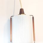 Vintage Small Pendant, Striped Milk Glass, Brass And Teak, Mid Century Art Deco Style, 1950S Made thumbnail 7