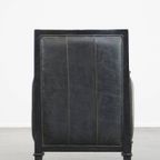 Unieke En Karaktervolle, Strakke Zwarte Art Deco Design Rundleren En Houten Armchair thumbnail 5