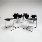 Set Zwartlederen Midcentury Designstoelen (4) Uit Italië thumbnail 7