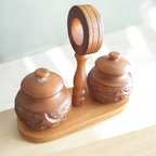 Vintage Houtsnijwerk Peper En Zoutstel Op Houder thumbnail 5