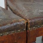 Unieke En Karaktervolle Set Van 6 Originele Antieke Hollandse Leren Eetkamerstoelen thumbnail 5
