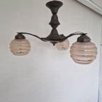 Art Deco Hanglamp Messing Hout Kroonluchter. thumbnail 11