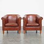 Set Van 2 Elegante En Stijlvolle Engelse Stijl Clubfauteuils Gemaakt Van Rundleer thumbnail 2