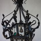 Antieke Smeedijzeren En Glas-In-Lood Lantaarn Hallamp, Frankrijk 1900 thumbnail 4