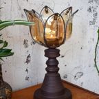 Grote Vintage Lotusbloem Waxinelichthouder Bewerkt Rookglas thumbnail 6