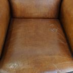 Set Van 2 Grote, Stoere En Comfortabele Vintage Cognac-kleurige Schapenleren Fauteuils/armchairs thumbnail 7
