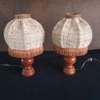 Vintage - Schemerlamp - Bedlamp - Kastlamp - Hout/stof- 2 Stuks thumbnail 2
