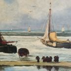 Groot Zeegezicht Met Bomschuiten Op Het Strand thumbnail 5