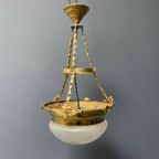 Grote Antieke Messing Hanglamp Met Geslepen Glas thumbnail 5