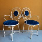 Brocante Vintage Smeedijzeren Set Stoelen Met Blauw Velours thumbnail 4