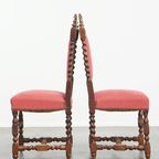 Leuke Antieke Set Van 6 Hollandse Eetkamerstoelen Met Mooi Houtsnijwerk En Rode Stoffen Bekleding thumbnail 5