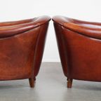 Set Van 2 Cognac-kleurige Rundleren Clubfauteuils En Hocker In Engelse Stijl thumbnail 15