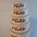 Vintage Strawberry Enamel Food Storage Bowls Containers With Plastic Lid Stackable thumbnail 4