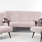 Vintage Fauteuils + Bank | Bankstel Roze Ribstof Nieuw Teak thumbnail 14