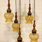 Vintage Grote Cascade Hanglamp Met 5 Glas En Hout Lampen thumbnail 10