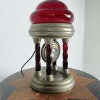 Unieke Vintage Tinnen Lamp Met Uurwerk thumbnail 9