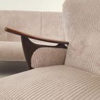 Vintage Fauteuils + Bank | Bankstel Roze Ribstof Nieuw Teak thumbnail 9