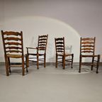 Set Of 4 Oak, Rustic, Farmhouse, Ladderback Dining Chairs With Rush Seats 1960s thumbnail 2