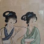 Chinese Aquarel Op Zijde Van 2 Geisha'S Circa 1950 thumbnail 5