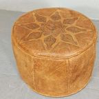 Vintage Leren Cognac Poef Ottoman, Rond thumbnail 2