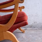 Pair Of Red Fabric And Wooden Club Chairs With Soft Lined Design. thumbnail 14