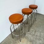Vintage Stalen Barkruk - Skai Zitting, Rond, 3 Stuks, Oranje thumbnail 3