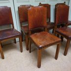 Set Van 6 Eiken Art Deco Eetkamerstoelen In Bruin Leer thumbnail 2