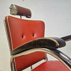 Vintage Verstelbare Kappersstoel / Barbier Stoel (Rood Skai, Nepleer) 60S  / Buizenframe Bauhaus J thumbnail 5