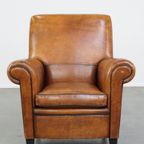 Comfortabele En Grote Vintage Cognac-kleurige Schapenleren Fauteuil/armchair Strak Afgewerkt thumbnail 2