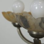Luxe Antieke Messing Art Deco Kroonluchter Met Albasten Kuipjes Uit Begin 1900 thumbnail 6