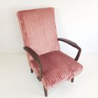 Vintage Teakhouten Fauteuil Roze Rib Nieuw Gestoffeerd thumbnail 5