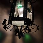 Antieke Smeedijzeren En Glas-In-Lood Lantaarn Hallamp, Frankrijk 1900 thumbnail 11