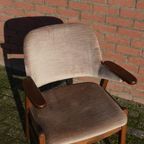 Retro Eiken Pynock Armstoel Beige Bruine Velours Bekleding thumbnail 5