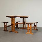 Scandinavian Modern Solid Pinewood Benches And Dining Table, 1970's thumbnail 3