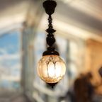 Vintage Hanglamp Hout Met Amberglas Bol, Jaren '50 thumbnail 6