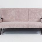 Vintage Bank | Bankstel Roze Ribstof Nieuw Teak thumbnail 5