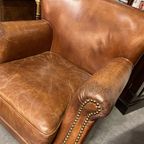 Stoere Industriële Chesterfield Tub / Club Fauteuil In Generfd Vintage Cognac Leder thumbnail 4