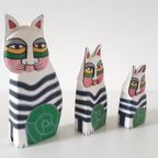 3 Houten Poes Beeldjes Familie Kat Poes Beeld Retro Beeld thumbnail 3