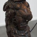 Set Van 2 Prachtige Unieke Handgesneden Antieke Houten Staande Lampen Met Leeuwenkoppen thumbnail 7