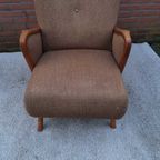 Mid-Century Fauteuil Met De Orginele Wollen Stoffering En Eikenhouten Accenten. thumbnail 5