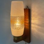 Vintage 50’S Mcm Wall Mounted Lamp - Wooden Frame And Brass Detailing - Pressed Glass Shade thumbnail 7