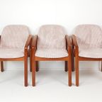 3 Vintage Deense Teakhouten Stoelen Roze Ribstof Nieuwe Stof thumbnail 4