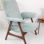 Vintage Fauteuil Teakhout Licht Blauwe Ribstof Nieuw thumbnail 9