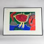 Corneille - Litho - Femme Et Oiseau Rouge - Ingelijst - 1998 thumbnail 2