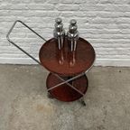 Vintage Serveerwagen Of Barcart Chroom, Rond, Houten Bladen thumbnail 3