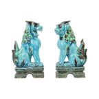 Koppel Vintage Chinese Komainu Guardian Lions Foo Dogs Blauw Aardewerk 20Cm thumbnail 9